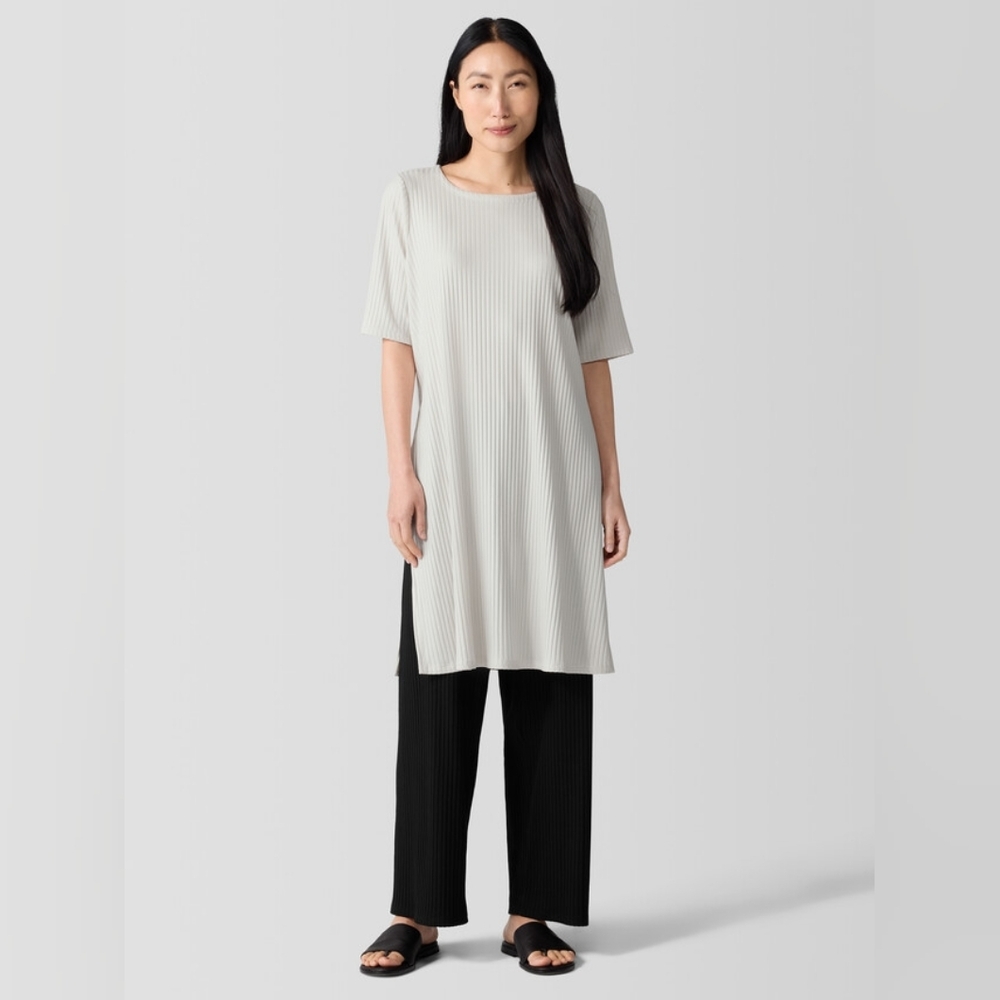 EILEEN FISHER Textured Stretch Rib Ballet Neck Top Bone White Blouse Tunic XS